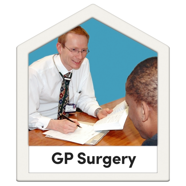 GP consulting with a patient at a medical office.