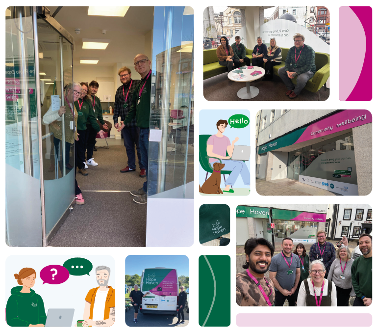 A collage of photographs, showing happy smiling Hope Haven staff at different events and in the office.