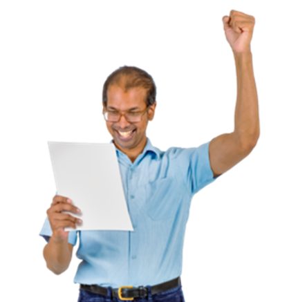 Happy person holding up a document