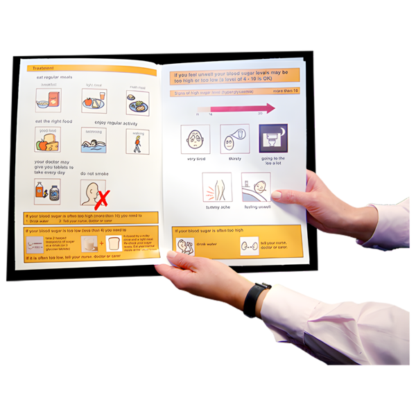 A person holding open a brochure containing words and pictures
