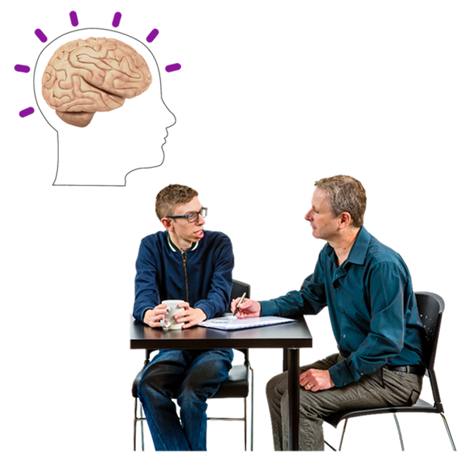 Two people sitting a table. One person is listening and writing on a pad of paper. The other is talking while holding a mug. Next to this is an outline of a head with a brain.