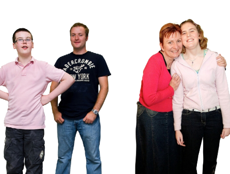 A young person is standing with a carer. Beside them is a mother hugging her daughter.
