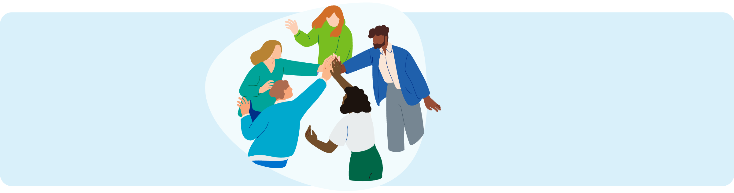 Illustration of a group of people putting hands together in a circle to celebrate
