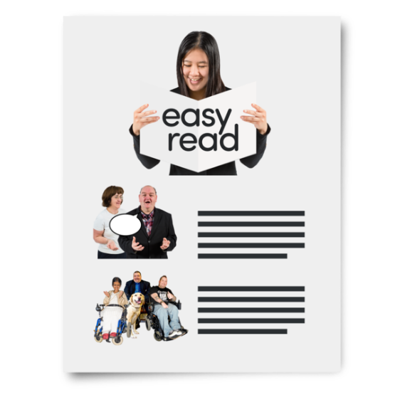 A piece of paper with easy read written at the top with images and large text below