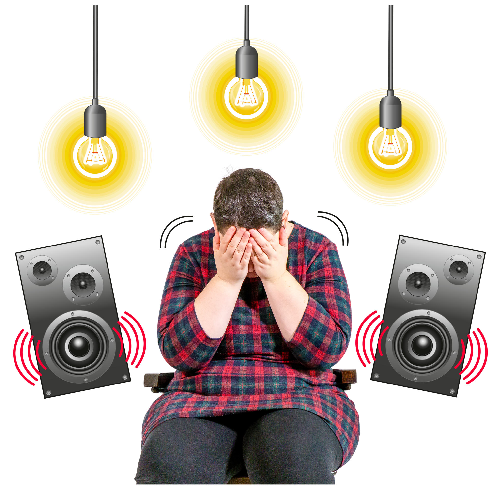 Person sitting with head in hands, surrounded by bright lights and loudspeakers.