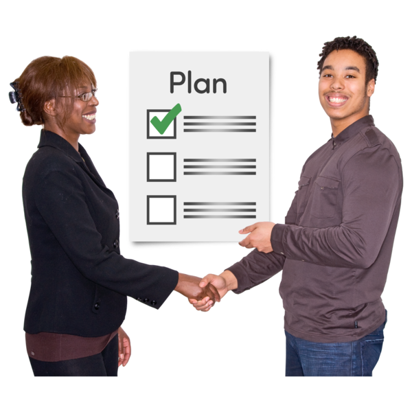 Two people shaking hands with a checklist labeled 'Plan' in the background.