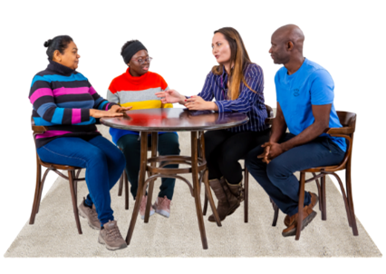 A group of people talking and listening