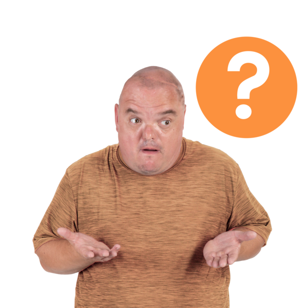 A man holding out his hands and a question mark next to him