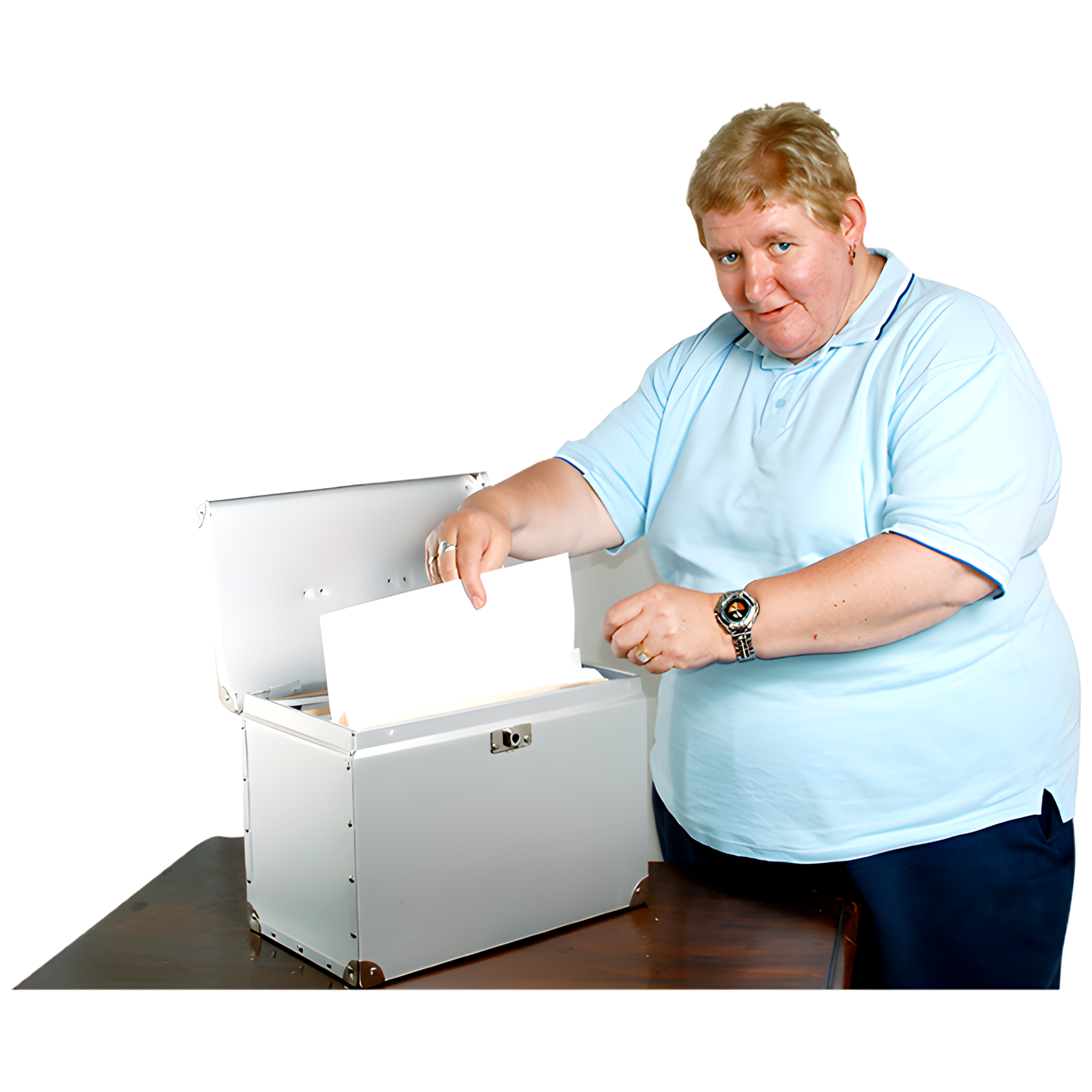 A person is putting a document into a lockable record box