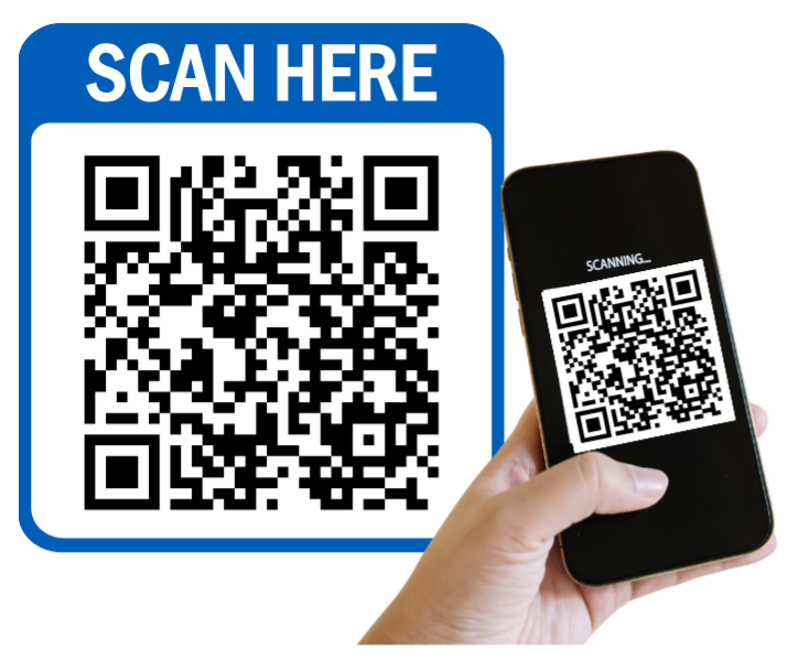 A close up of a hand pointing a mobile phone at a QR code