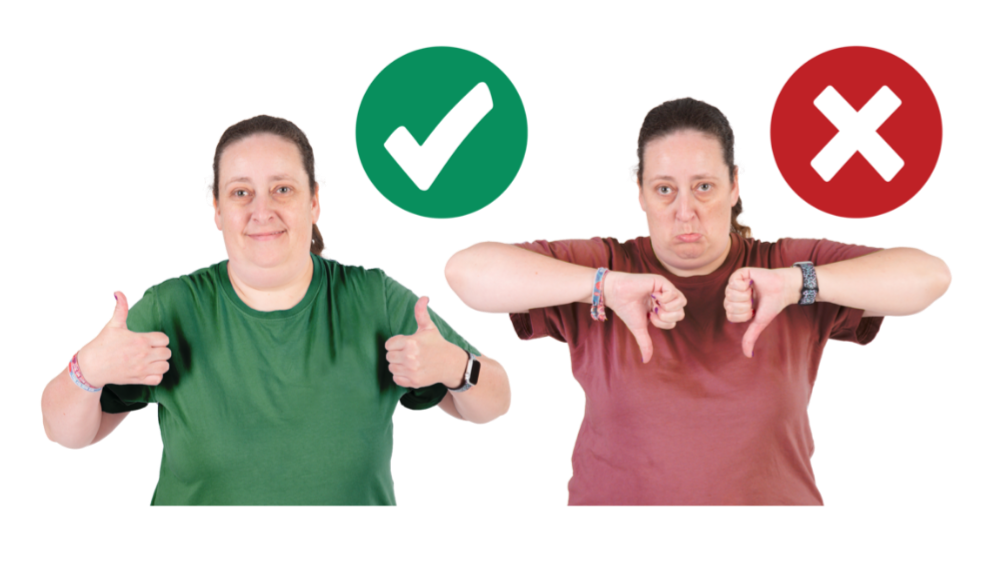 A person in a green tshirt giving a thumbs up with a green tick, and a person in a red top giving thumbs down with a red cross