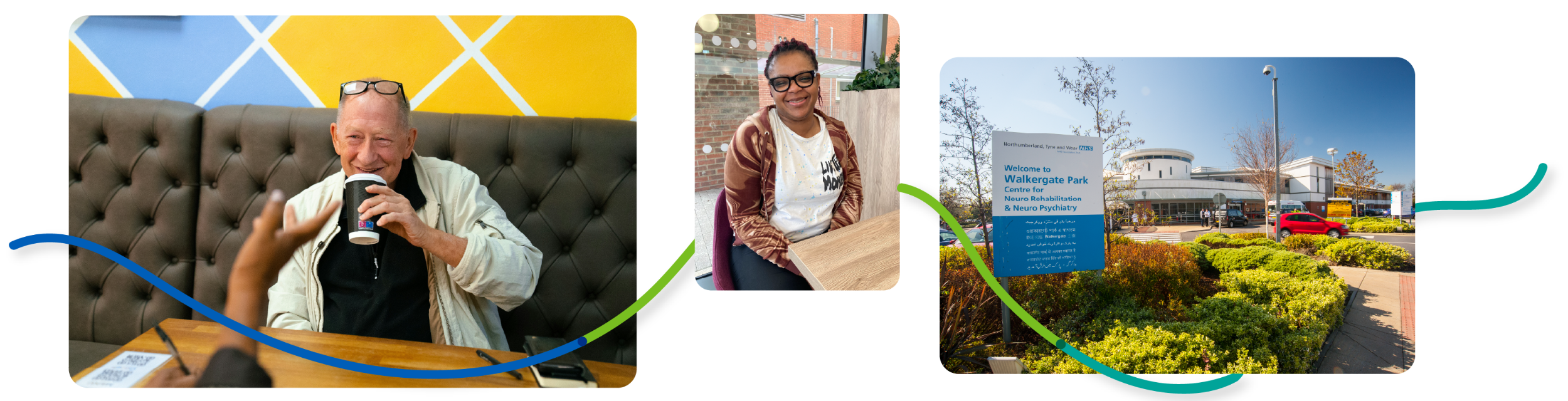 Decorative photos - photo of Walergate park hospital, photo of a woman sitting at a table smiling to camera, photo of a man laughing