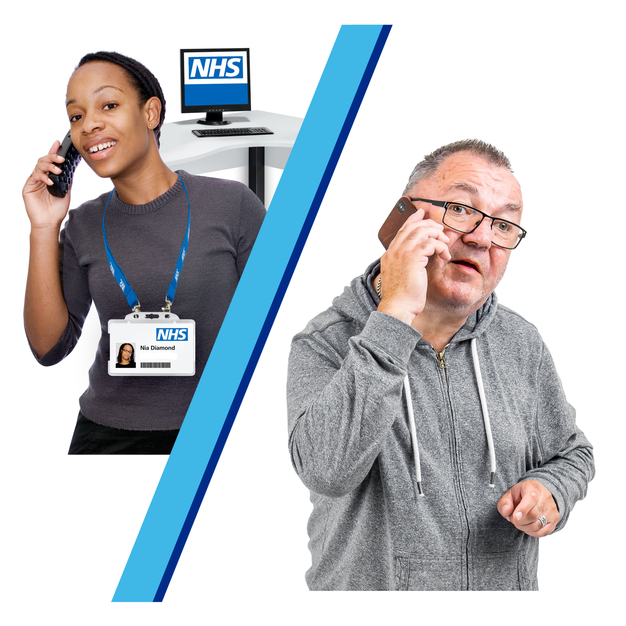 Two people on a phone call, one woman with an NHS badge and one older man in a grey hoodie.