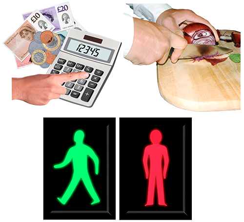 A group of images showing cash and a calculator, someone chopping food and the red and green men from a road crossing