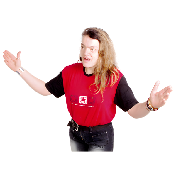 Person with long hair wearing a red and black t-shirt, gesturing with arms open.