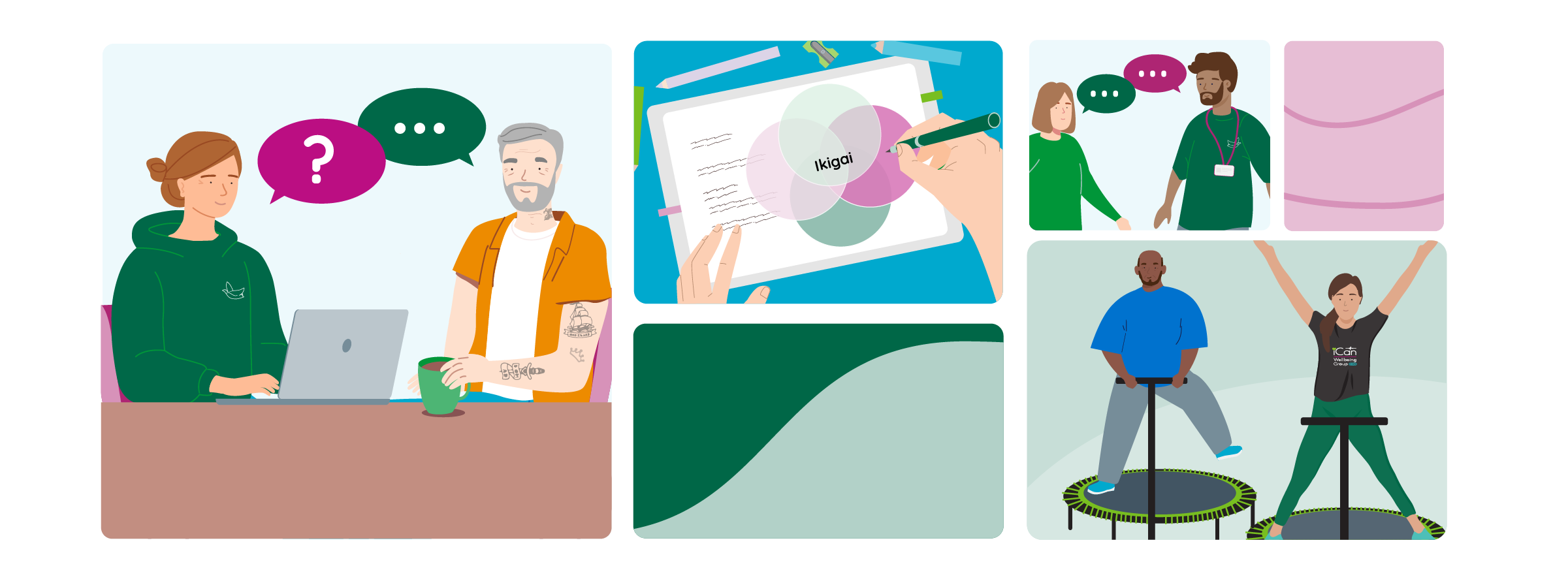 Decorative illustrations showing different group activities at Hope Haven, wearing green uniforms