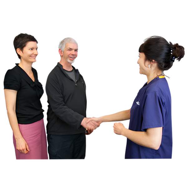 A nurse greeting a patient and another person with them