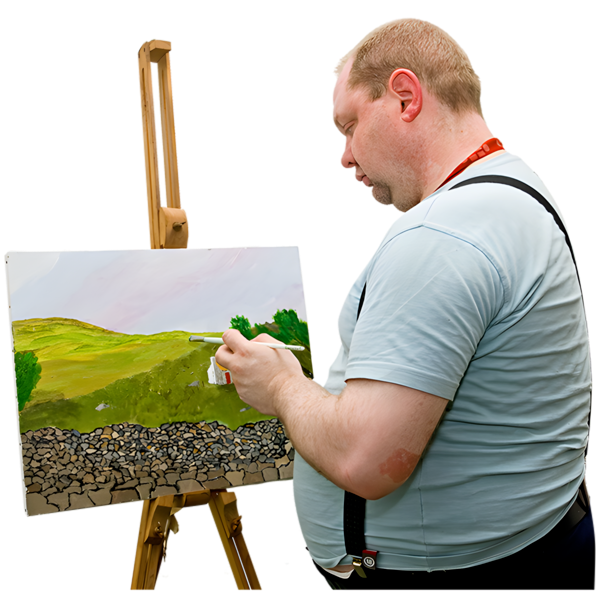 Man painting a countryside scene on a canvas placed on an easel.
