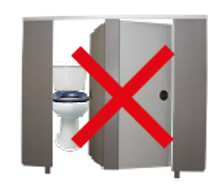 An image of a toilet in a toilet cubical with a red cross over it