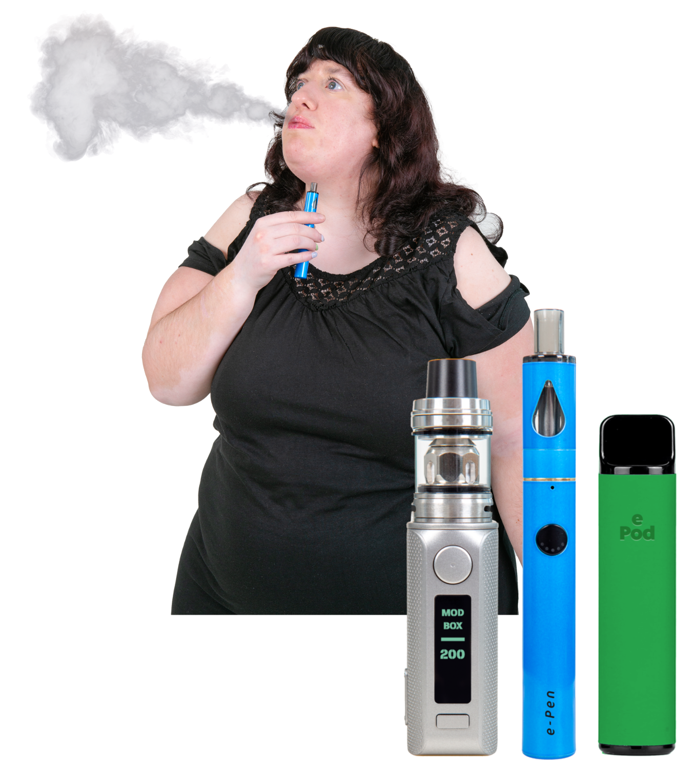 A person vaping. Underneath is a selection of vape devices