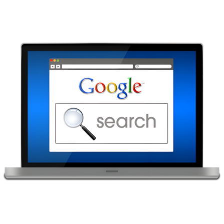 laptop with google on the screen and a search bar