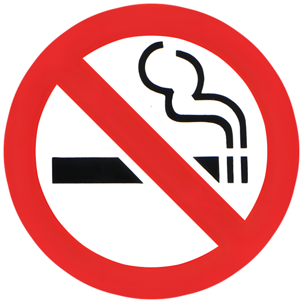 A no smoking sign made up of a red circle with a lit cigarette in the middle and a red line through it