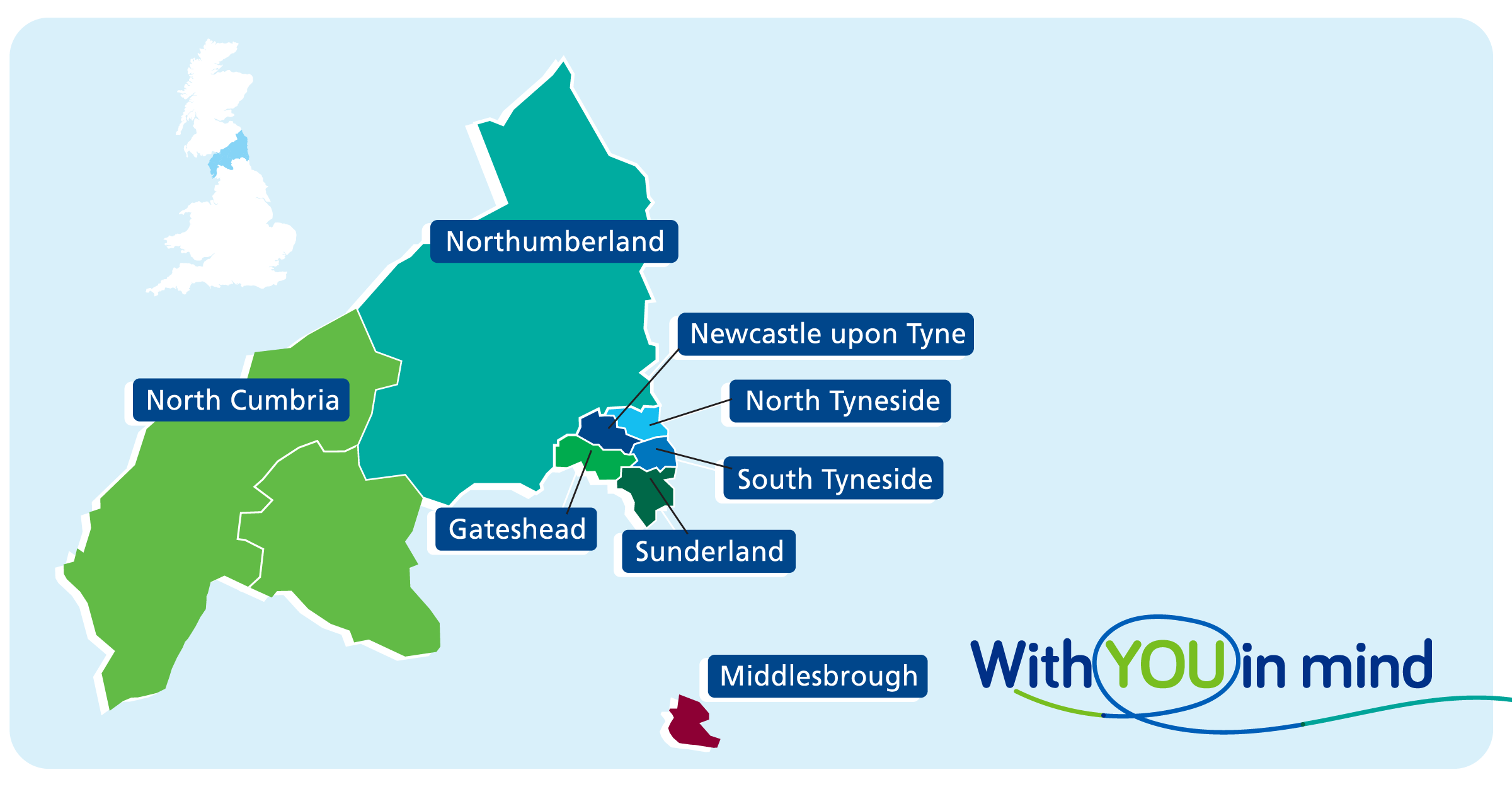 Illustrated map of the area CNTW covers in the North East and Cumbria.