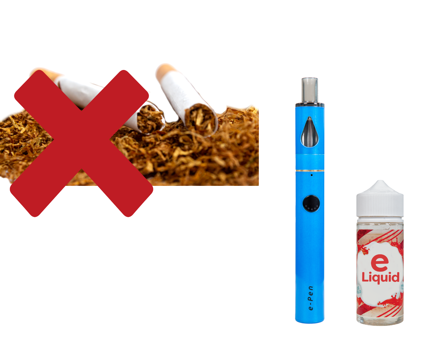 A blue e-pen or vape pen with a transparent window and black button.