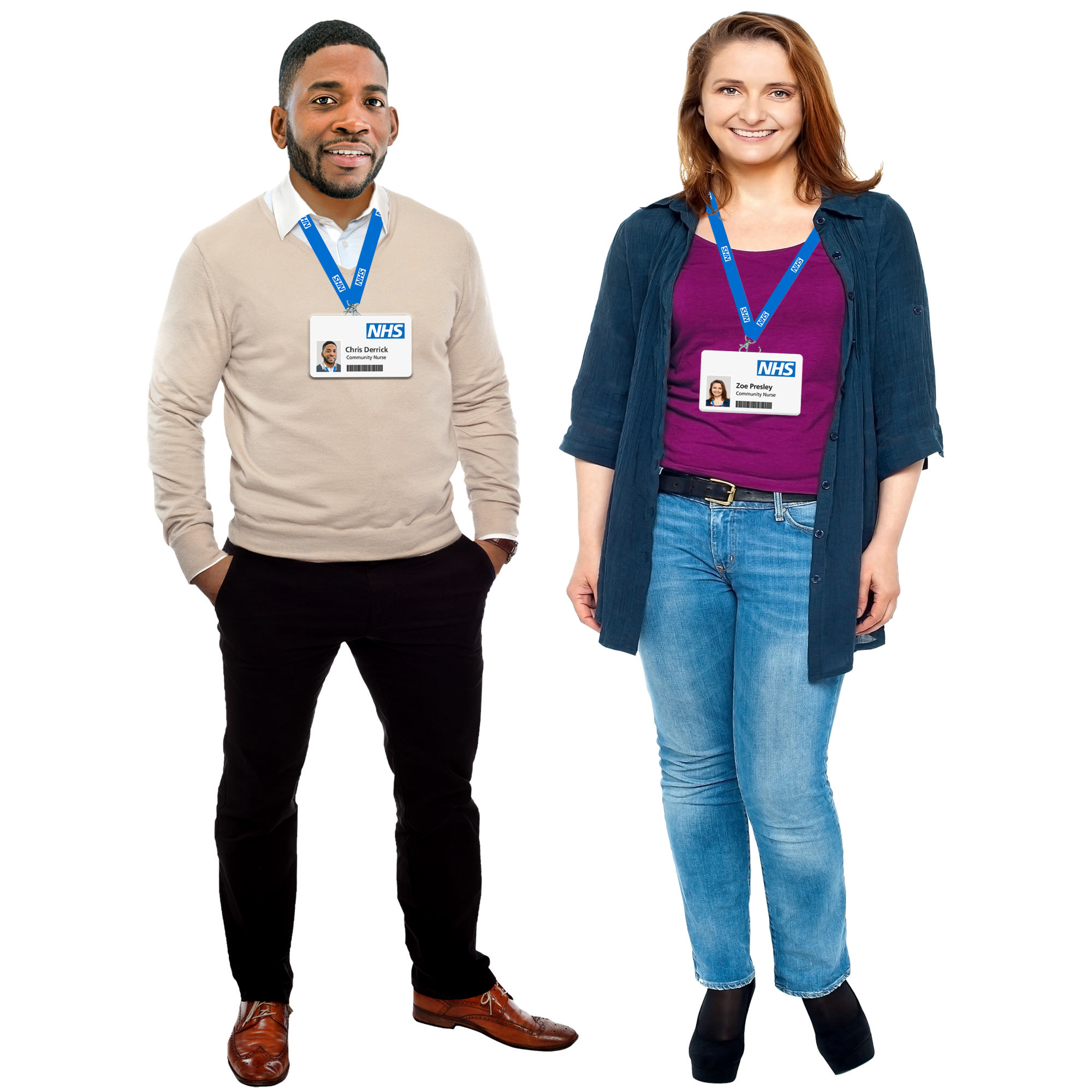 Two NHS staff members standing and smiling, wearing identification badges.