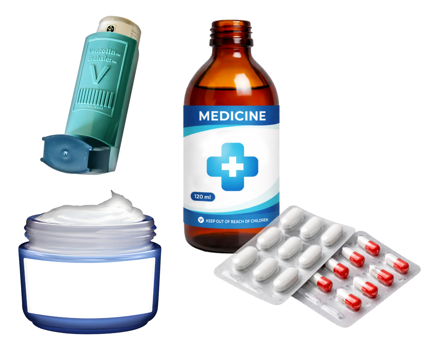 Medicine bottle, tablets, inhaler and a jar of cream