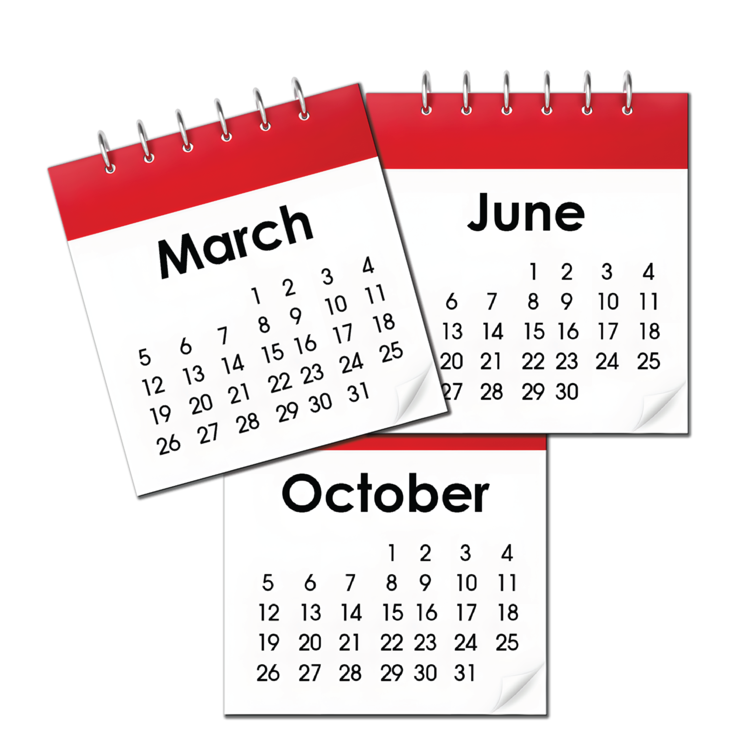 Three overlapping calendars showing different months including March, June and October