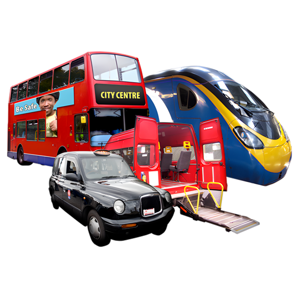 A picture of a bus, train, taxi and minibus