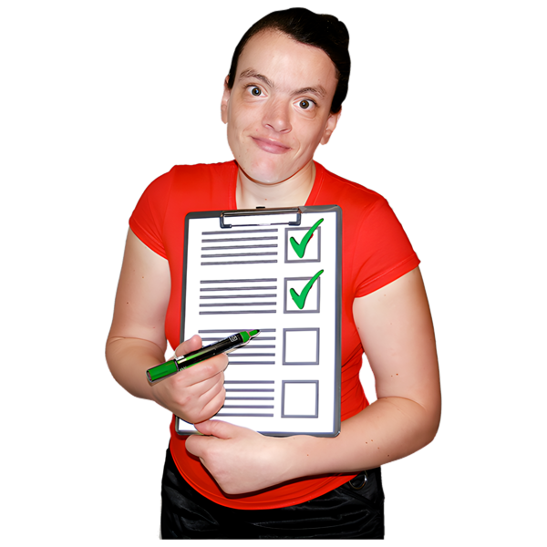 A woman holding up a checklist with green ticks in some of the boxes