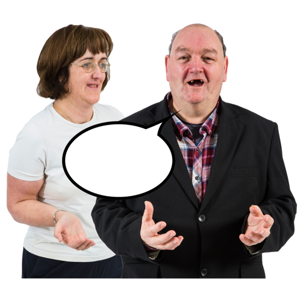 A man speaking with a speech bubble and a woman listening.