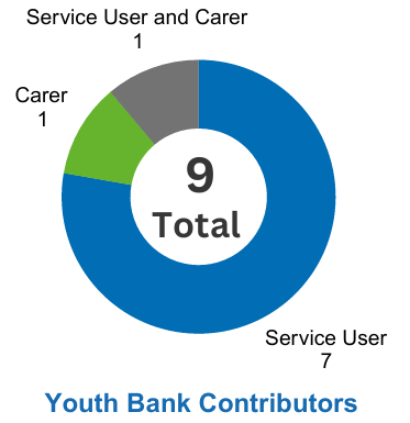 Pie chart showing that 7 of the youth contributors are service users, 1 is a carer, and 1 is both.