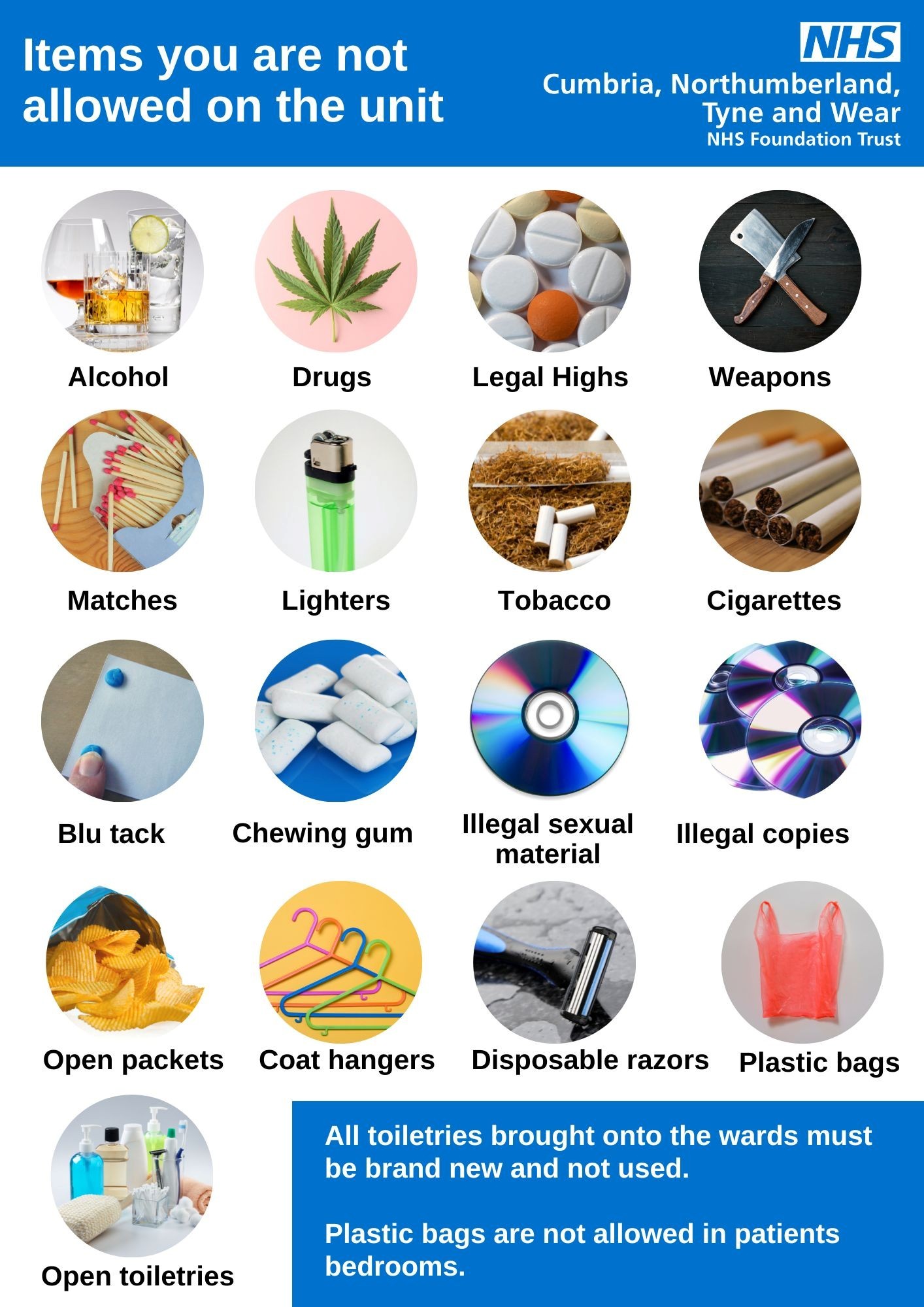 A list of items not allowed on the ward