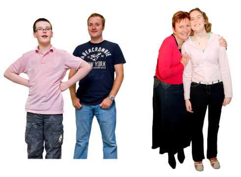 A young person with a care support worker. Next to them is a mother and daughter hugging.