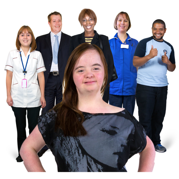 A diverse group of six people standing together, including a young woman with Down syndrome in the foreground.
