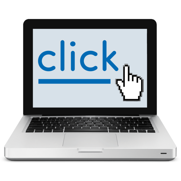 A laptop with the word click on the screen