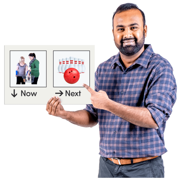 A person holding a sign that says now and next