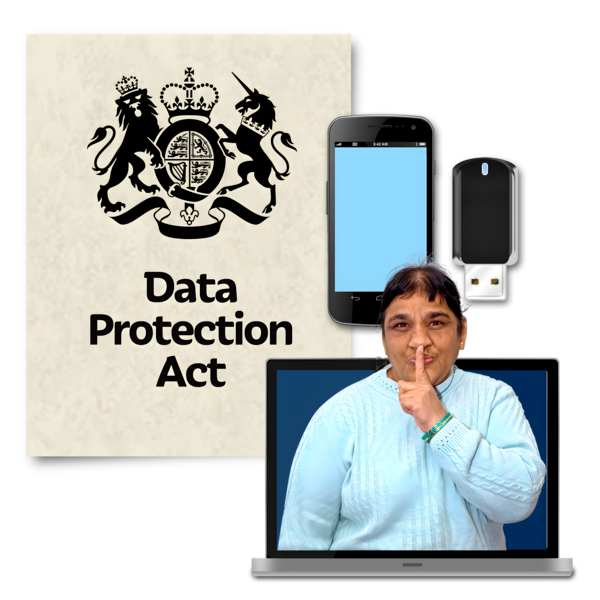 Collage featuring the Data Protection Act document, a smartphone, USB flash drive, and a person making a 'shh' gesture on a laptop screen.