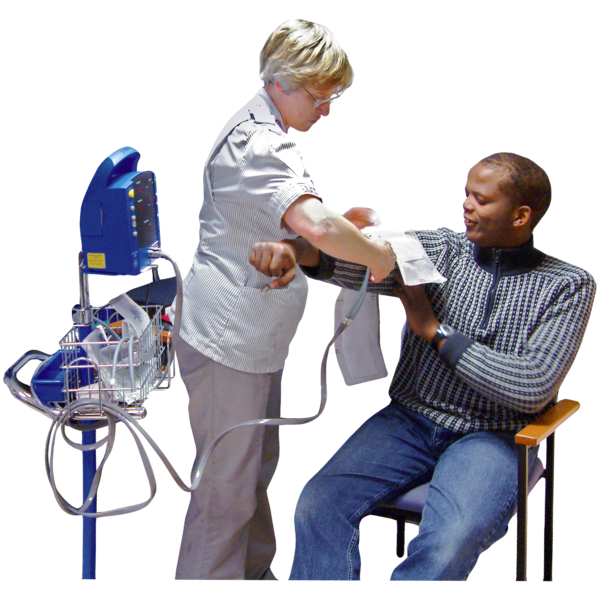 A nurse taking a persons blood pressure