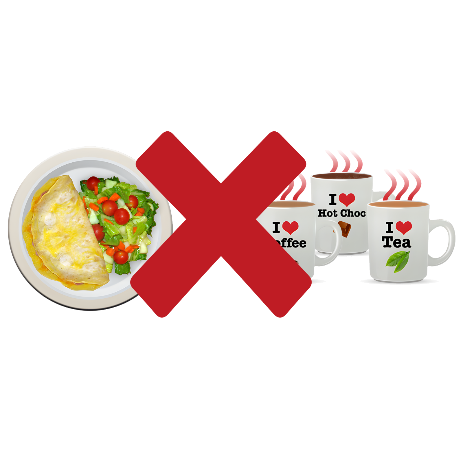 A plate of food and various drinks with a big red cross through them