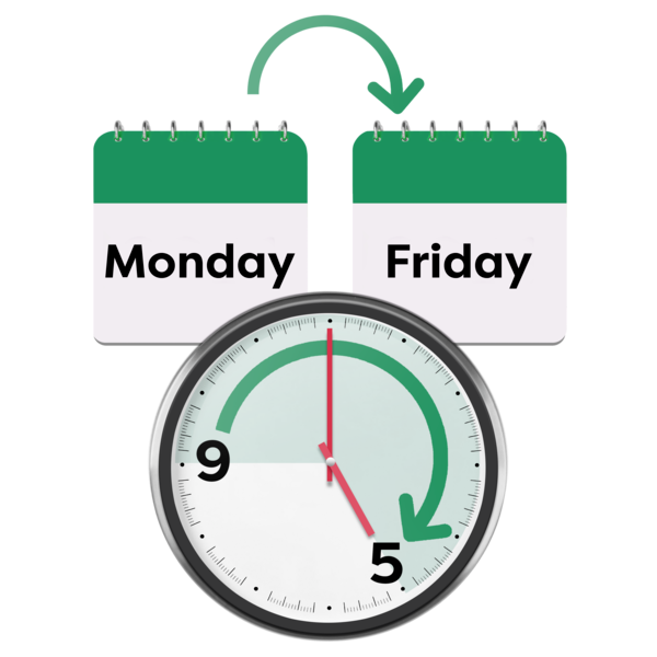 Calendar showing Monday to Friday. A clock showing 9am to 5pm.