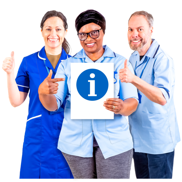 Three smiling healthcare professionals holding a sign with an information symbol.