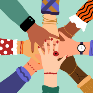 Illustration of a diverse group of people putting their hands together