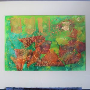 Framed mixed media painting – orange, green, gold-leaf abstract design.