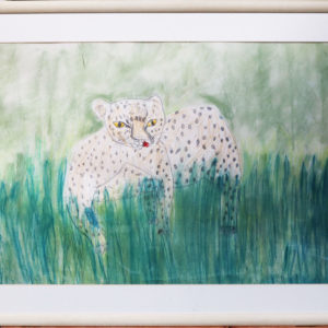 Large coloured drawing of leopard in grass, wooden frame 35.5 x 25.5 inches Price £50