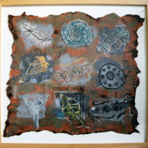 Large felted fossil panel (from ‘Into the Light’ exhibition, Woodhorn Museum) solid wood square profile frame 39.5 x 37.5 inches Price £100