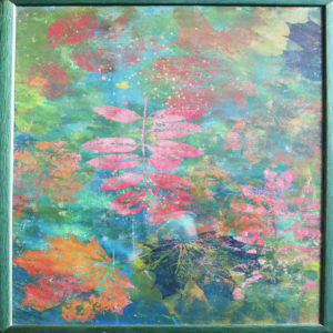 Large leaf print triptych, green wooden frame 51 x 25 inches Price £80